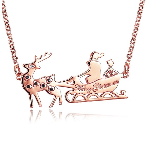 NEW IN BOX✨ 18k Rose Gold Santa’s Sleigh Cubic Zirconia Merry Christmas Necklace - Picture 1 of 7